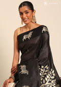 Black Jacquard Pattern Placement Tussar Saree - Taashi