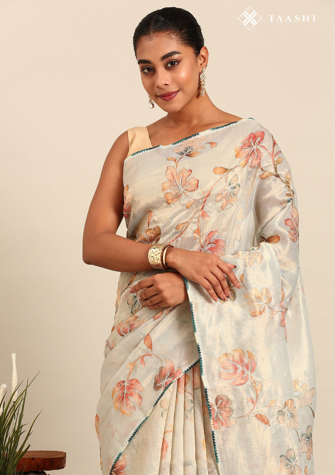 Pastel Dusty Blue Tissue Printed Embroidered Saree