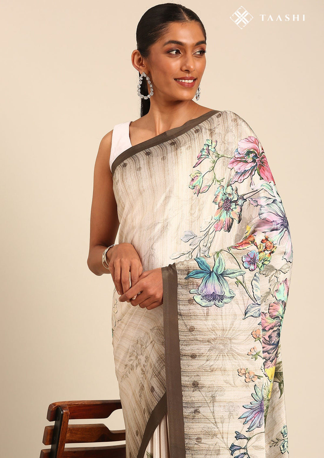 Cream Contemporary Printed Crepe Saree