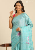 Pastel Blue Floral Printed Zari Woven Tussar Saree - Taashi