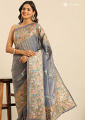 Metallic Dusty Blue Nature InspiRed Embroiderd Tissue Saree - Taashi