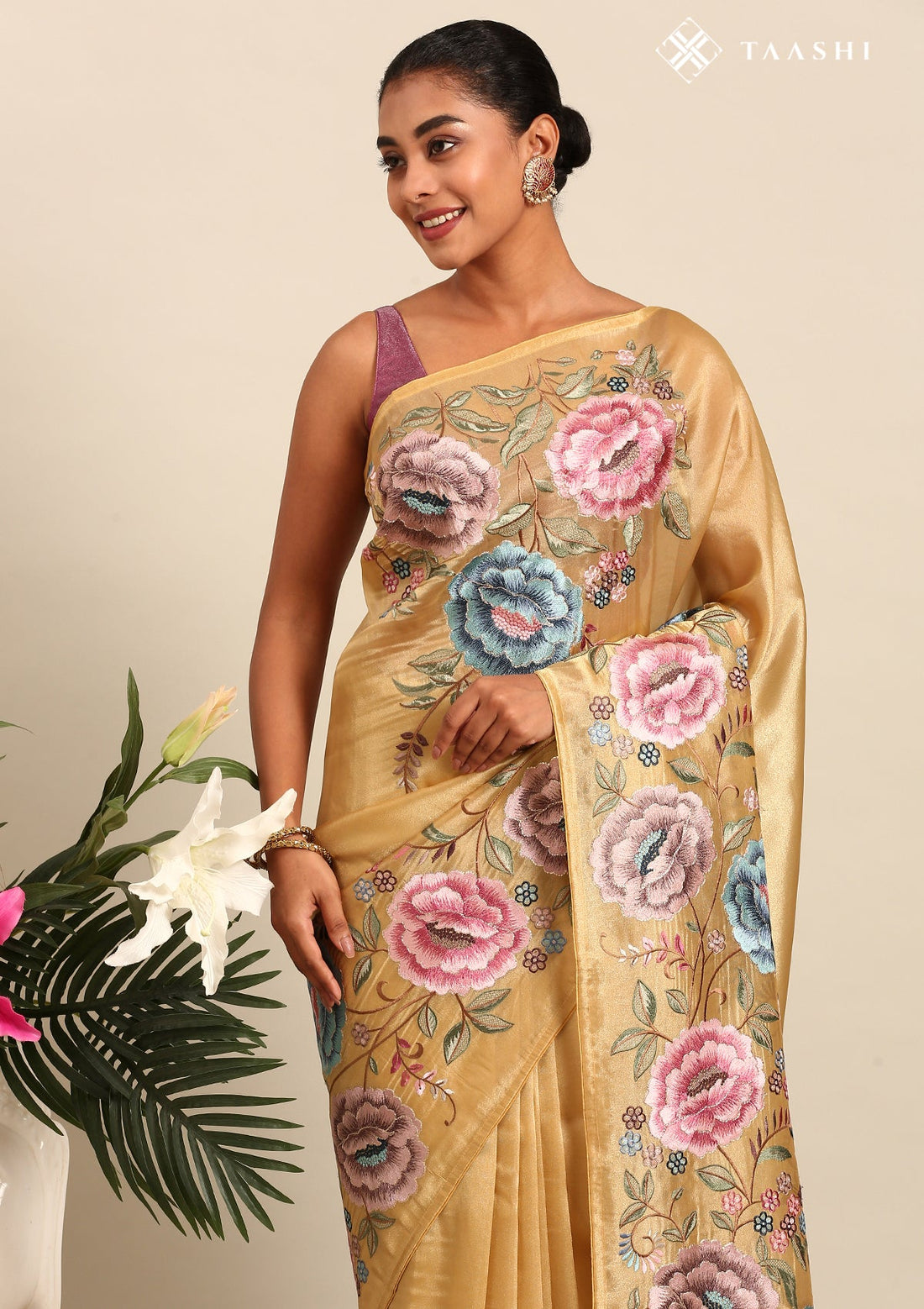 Dusty Yellow Tissue Contemporary Embroidered Saree
