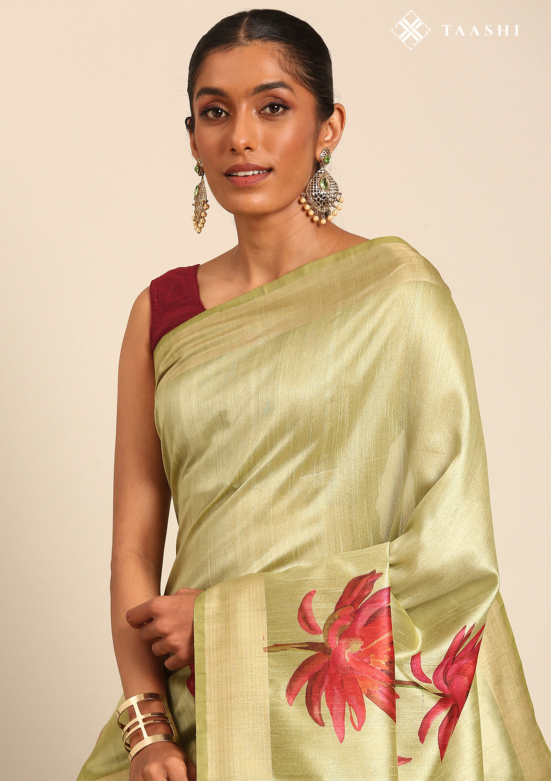 Olive Green Floral Printed Tussar Saree