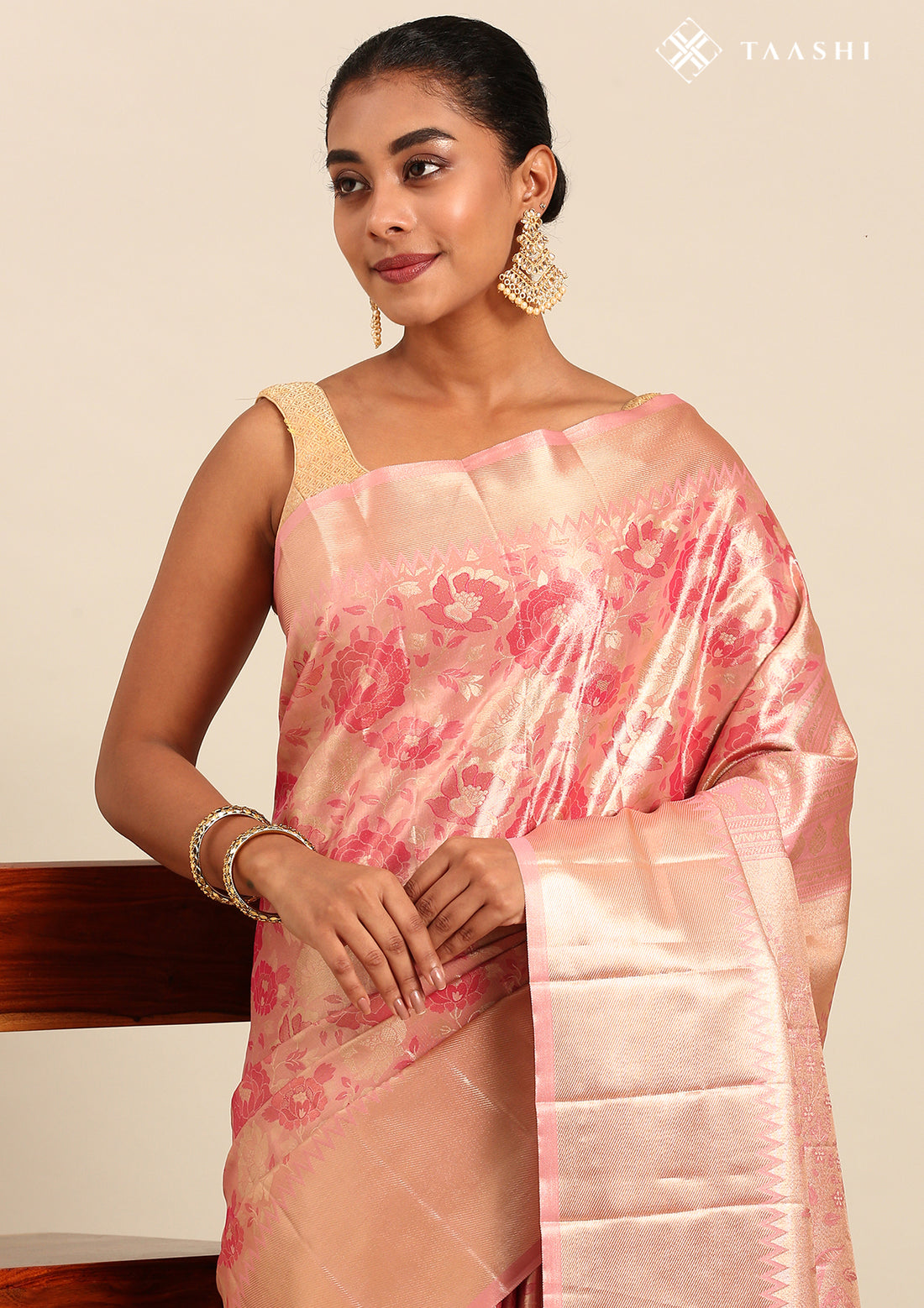 Pink and Golden Floral Pattern Tissue Brocade Kanchipuram Saree