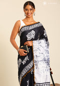 Black Batik Elephant Printed Cotton Saree - Taashi