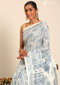 Cream And Blue Stylised A/O Paisley Pattern Linen Saree - Taashi
