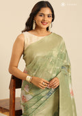 Sage Green Floral Printed Zari Woven Organza Saree - Taashi