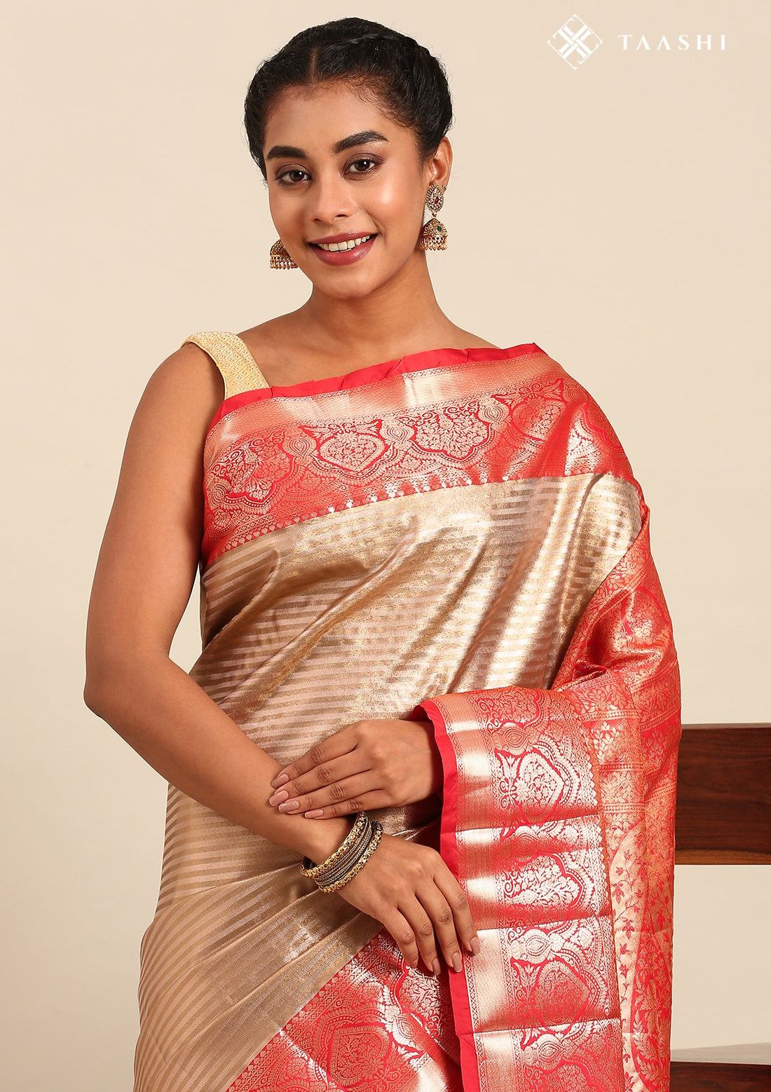 Dark Beige Silk Korvai Tissue Kanjivaram Weave Saree