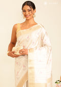Cream TextuRed Pink Floral Printed With Foil Butta Work Printed Tussar Saree - Taashi