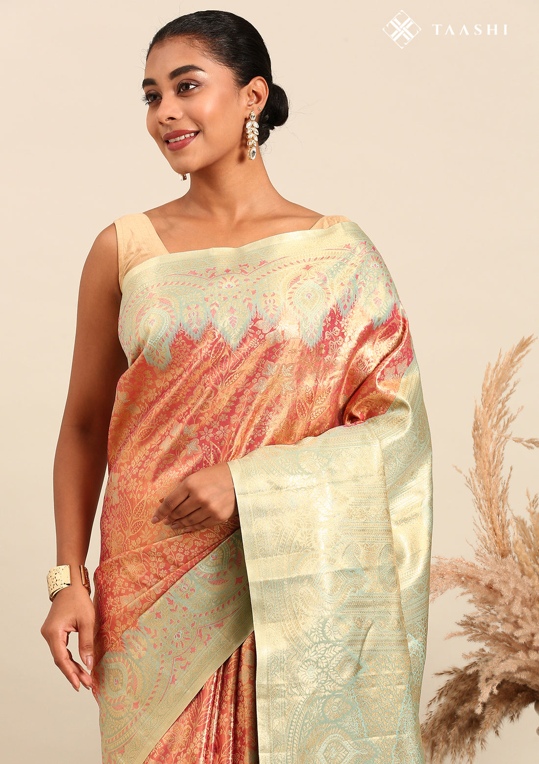 Turquoise and Orange Floral Pattern Tissue Brocade Kanchipuram Saree