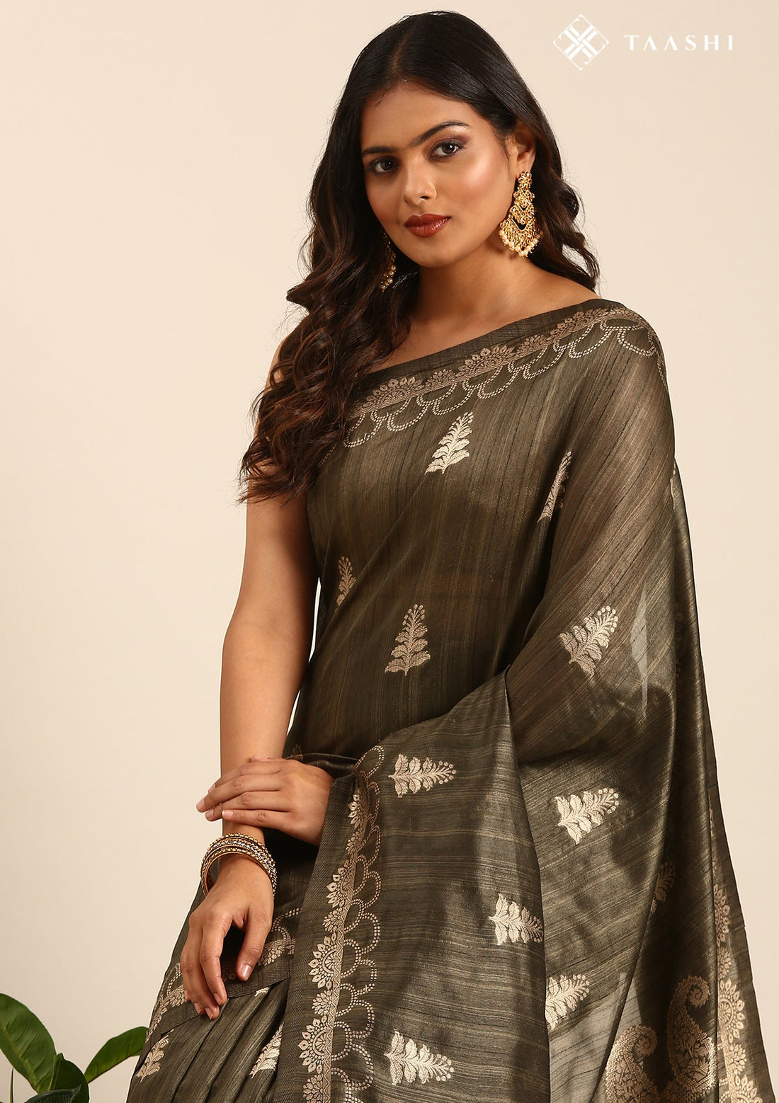 Olive Green Tussar Contemporary Woven Saree