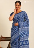 Indigo Batik Paisley Printed Cotton Saree - Taashi