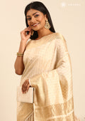 Cream Traditional Zari Butta Woven Tussar Saree - Taashi