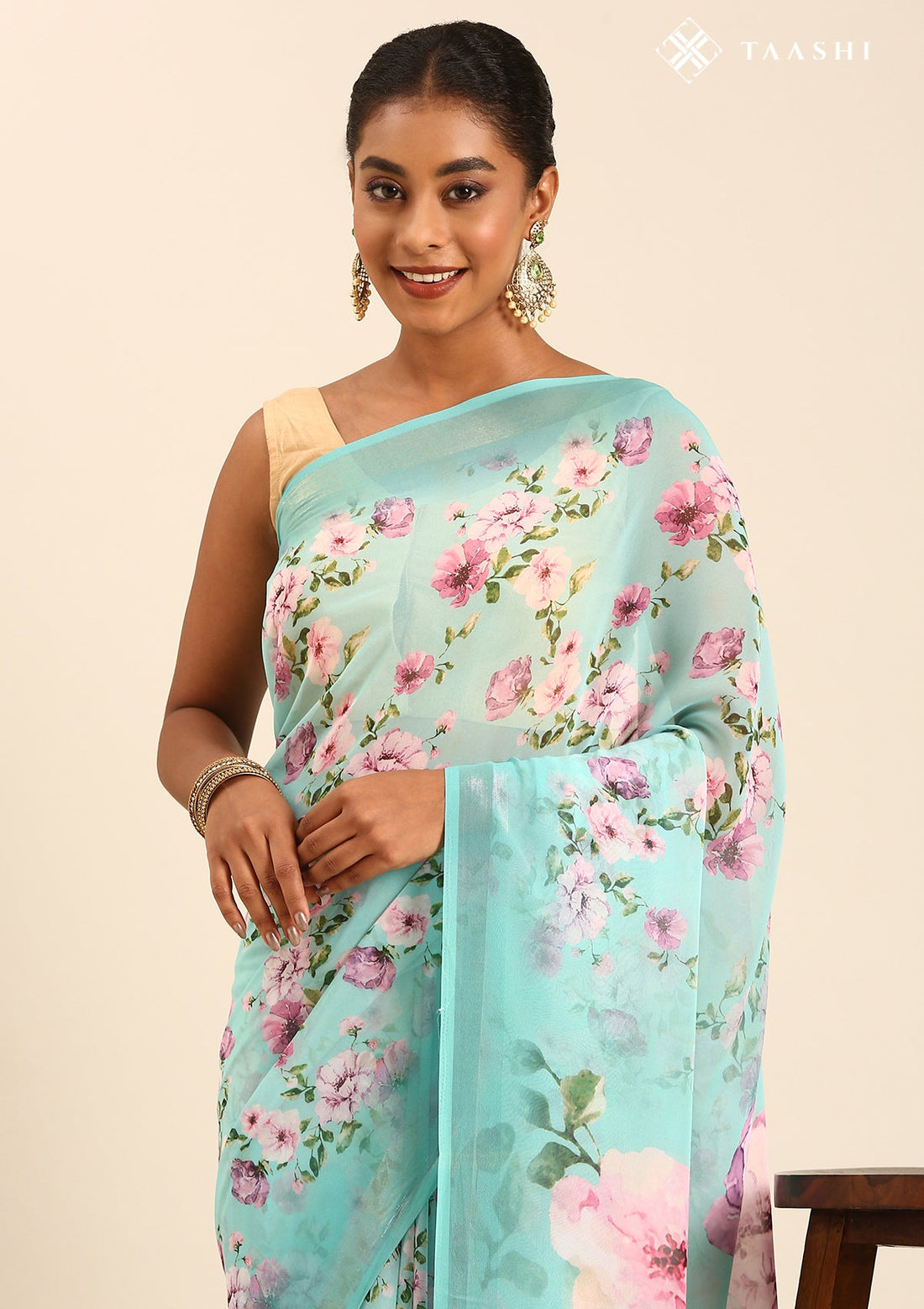 Turquoise Blue Georgette Contemporary Printed Saree