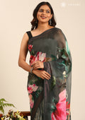 Grey Multicolor Floral Digital Printed Georgette Saree - Taashi