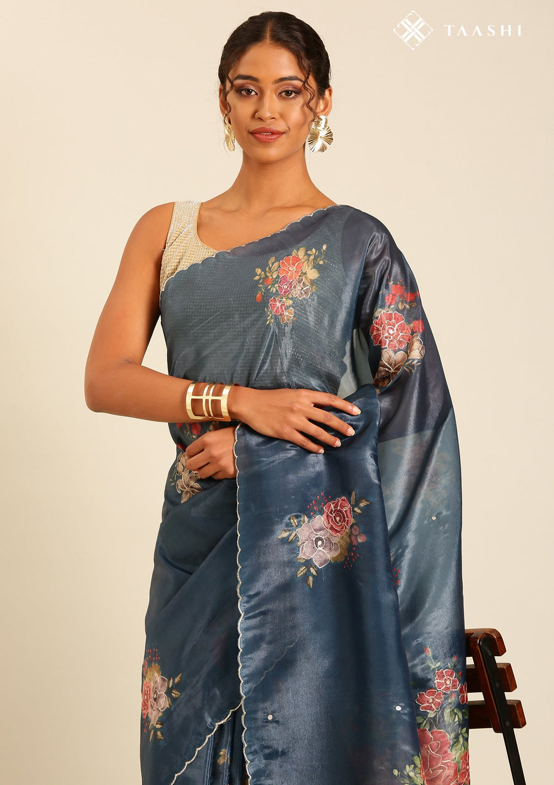 Indigo Blue Organza Contemporary Printed Saree