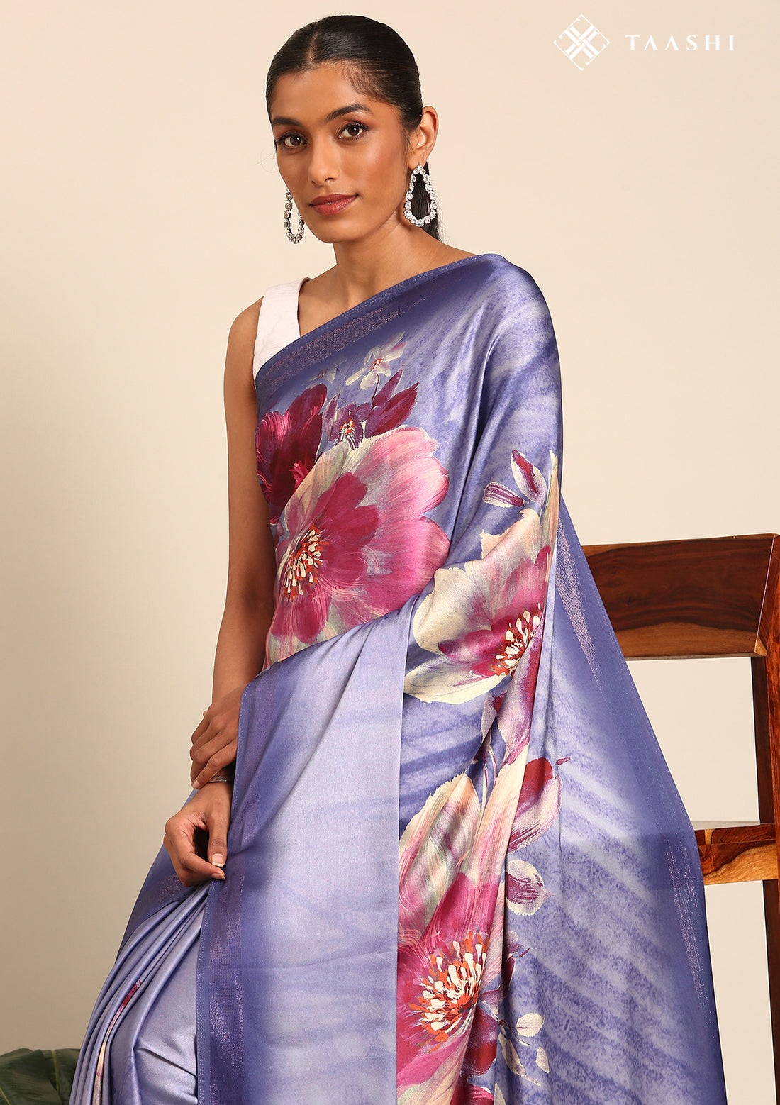 Purple Floral Digital Print Satin Saree