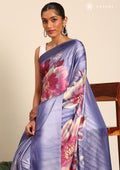Purple Floral Digital Print Satin Saree - Taashi