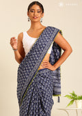 Navy Blue Batik Floral Butta Printed Cotton Saree - Taashi