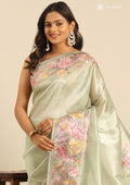 Pastel Green Floral Embroiderd Tissue Saree - Taashi