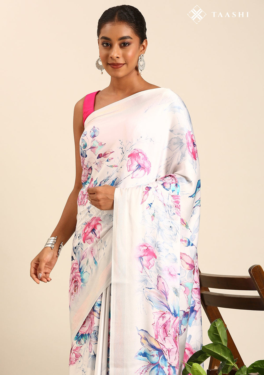 Light Grey Satin Contemporary Printed Saree