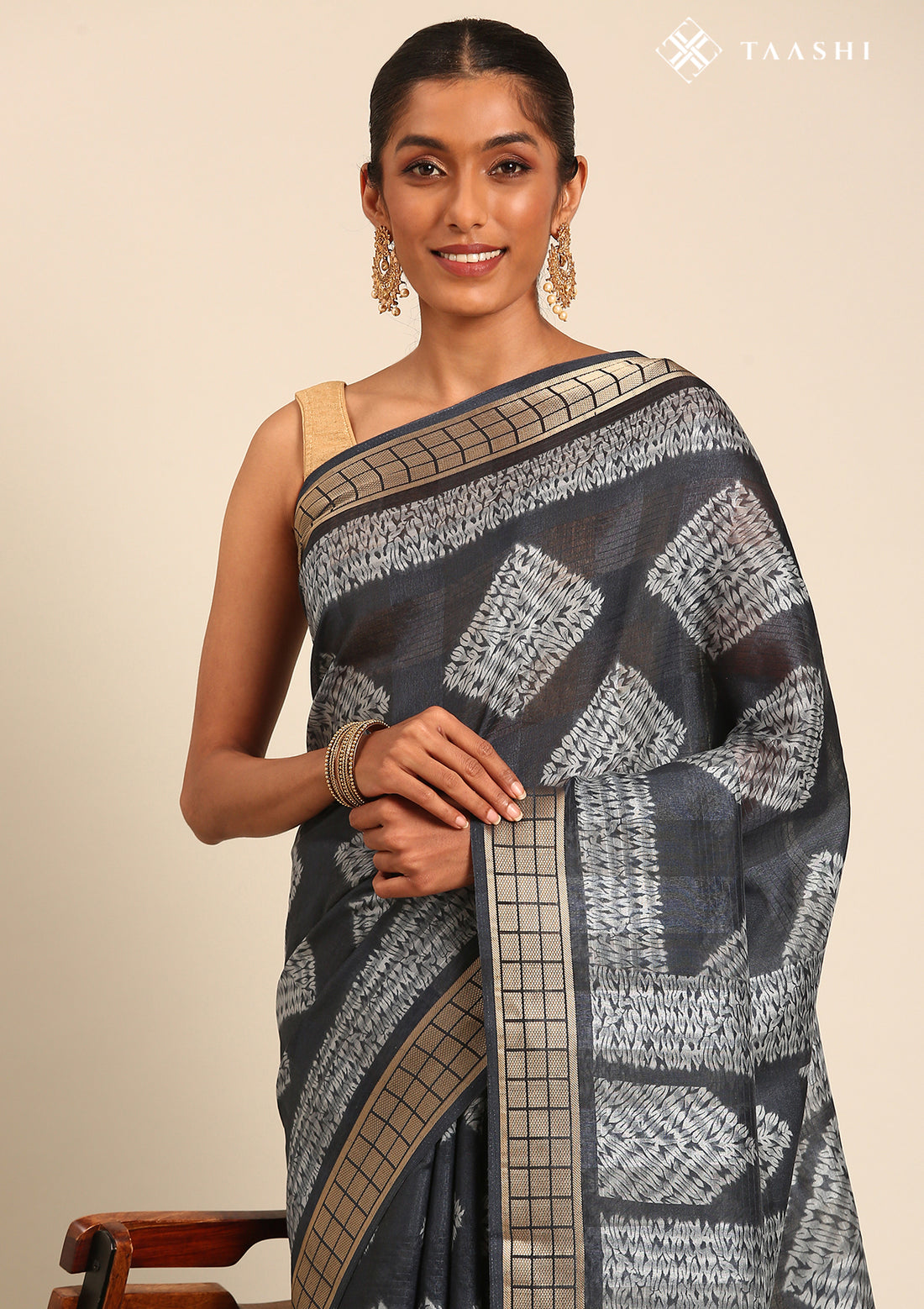 Dark Blue Abstract Printed Tussar Saree