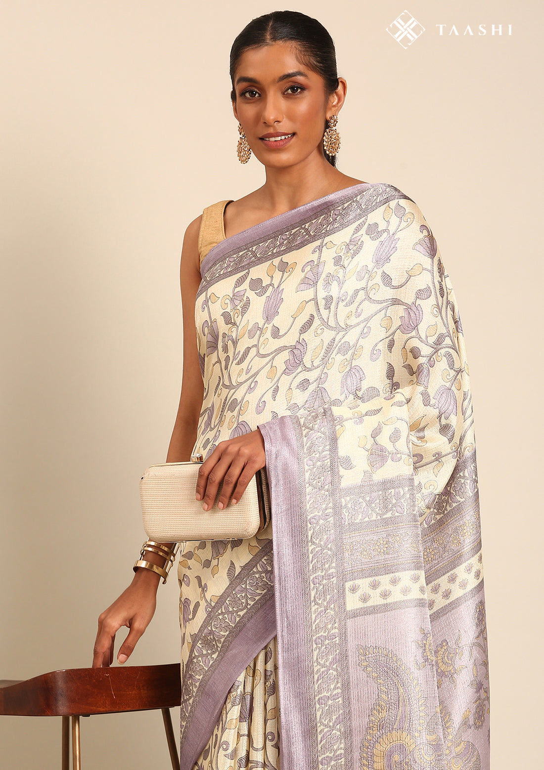 Cream And Mauve Jaal Floral Printed Art Tussar Matka Silk Saree