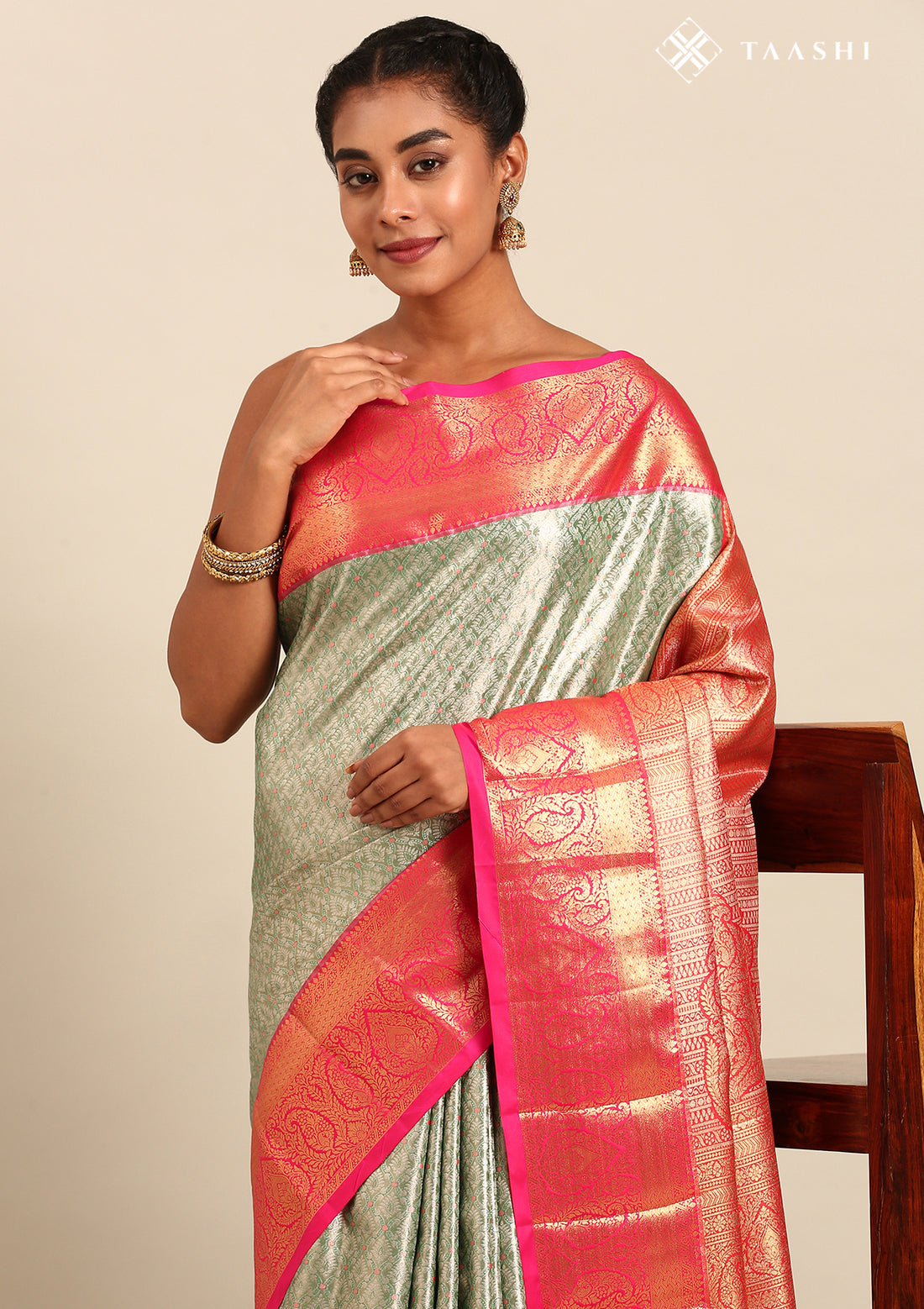 Emerald Green And Pink Kanchipuram Saree