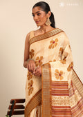 Mustard Yellow Hibiscus Printed Tussar Saree - Taashi