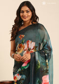 Teal Multicolor Floral Digital Printed Georgette Saree - Taashi