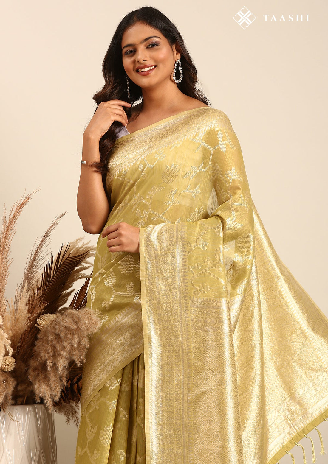 Pastel Olive Green Tussar Contemporary Woven Saree