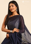 Navy Blue Striped Chiffon Saree - Taashi