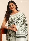 Olive Green Floral Printed Art Tussar Matka Silk Saree - Taashi