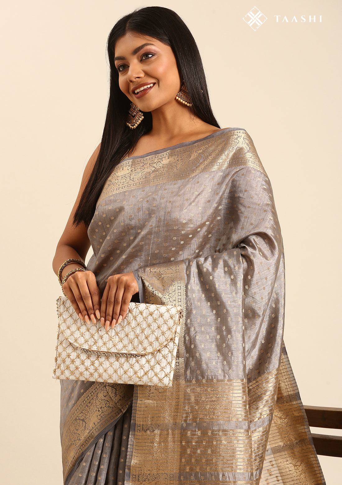 Grey Traditional Zari Butta Woven Tussar Saree