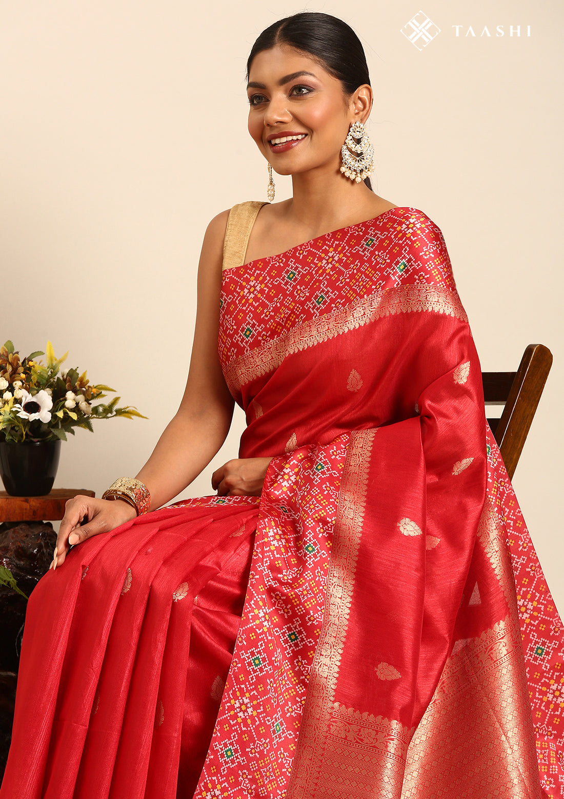 Red Ikat Pattern And Tradition Pattern Woven Tussar Saree