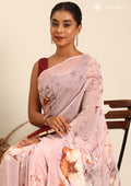 Pastel Pink Watercolor Floral Printed Georgette Saree - Taashi