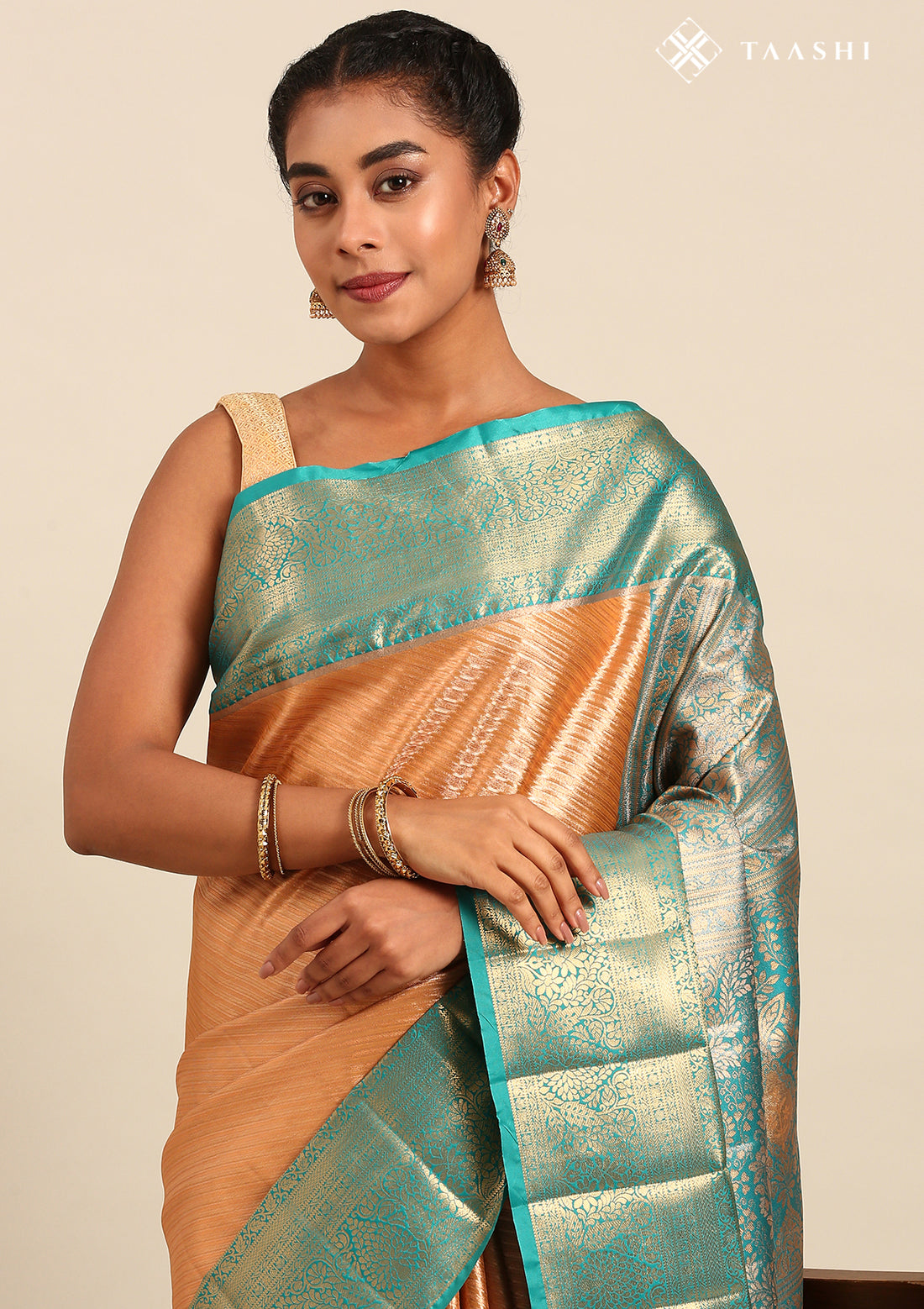 AmberGolden And Teal Color Kanchipuram Saree