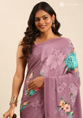 Purple Floral Digital Printed Crepe Saree - Taashi