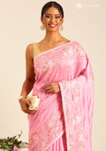 Pink Floral Embroiderd Linen Saree - Taashi