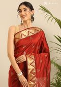 Marron Semi Kanchipuram Saree With Zari Temple Butta And Zari Temple Border Saree - Taashi