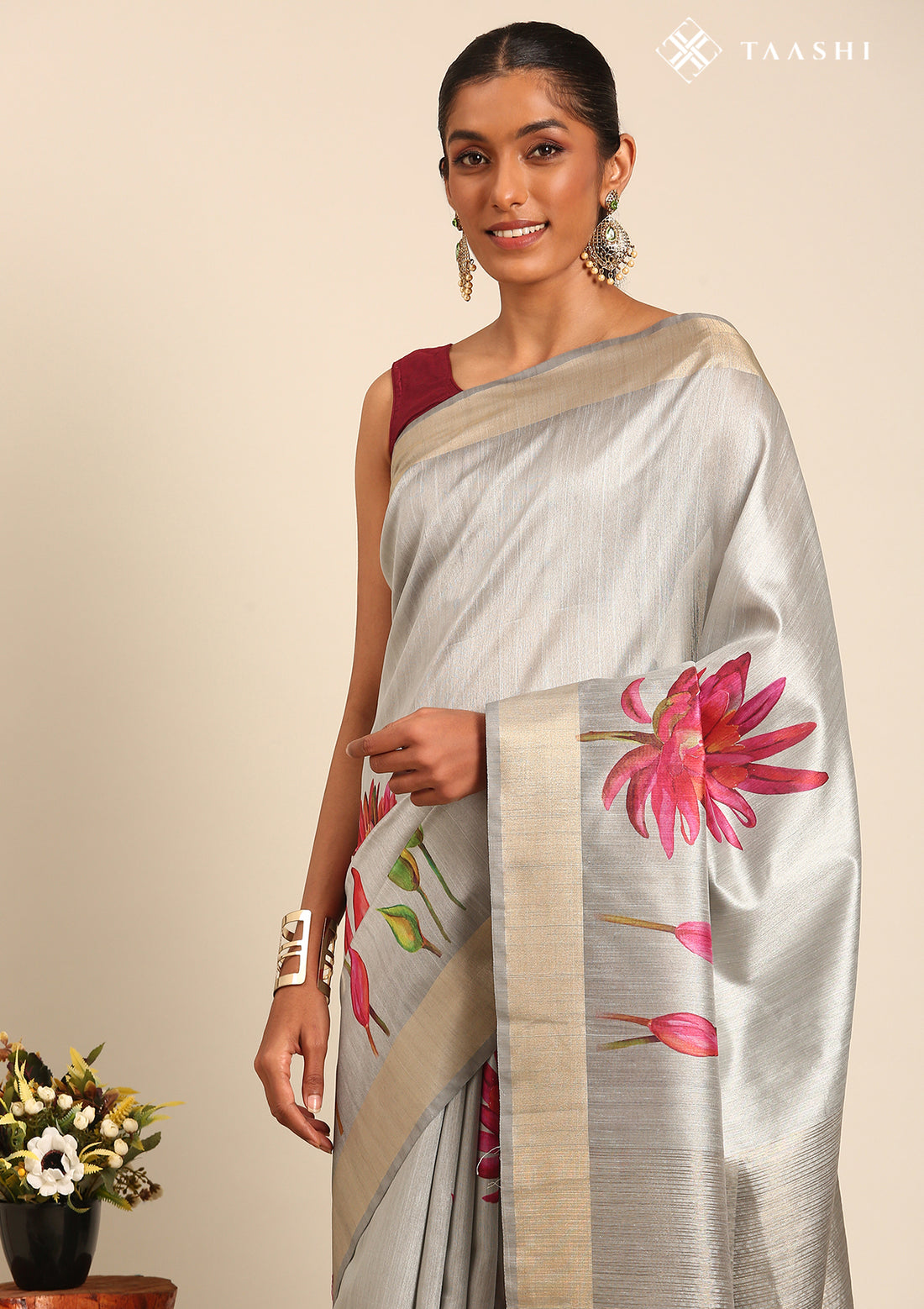 Grey Floral Printed Tussar Saree