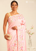 Pink Floral Embroiderd Linen Saree - Taashi