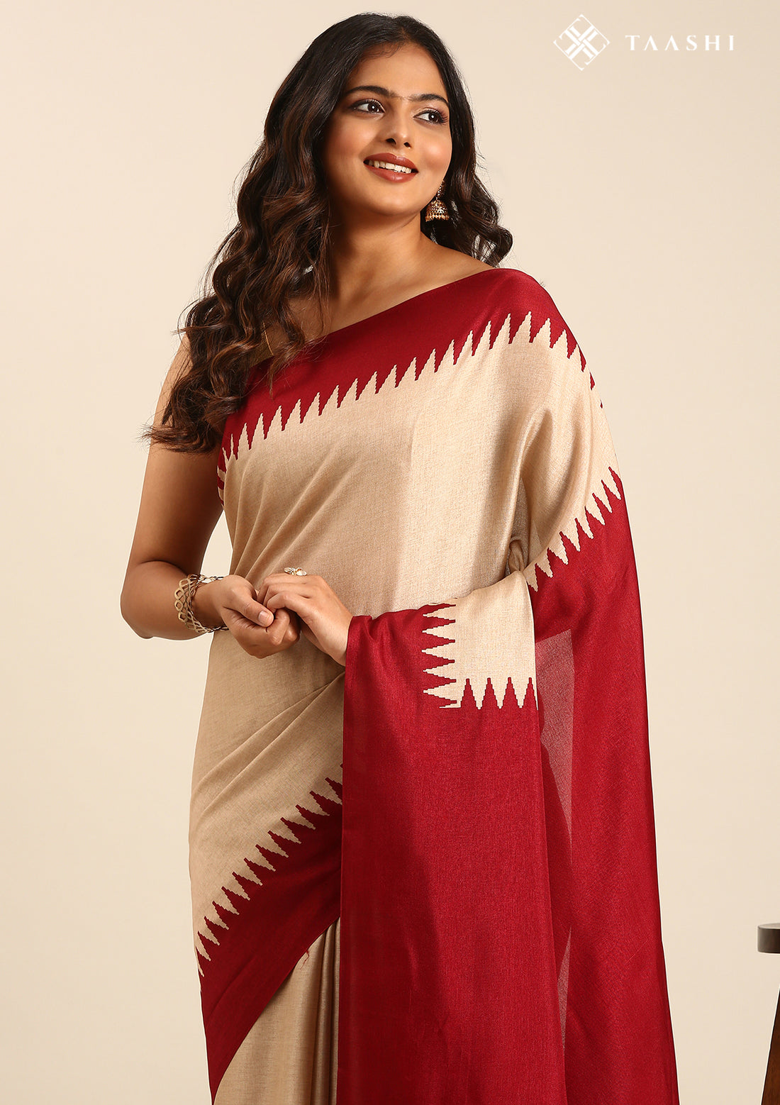 Beige Maroon Temple Bordered Digital Printed Tussar Saree