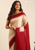 Beige Maroon Temple Bordered Digital Printed Tussar Saree - Taashi