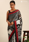 Black And White Abstract Printed Chiffon Saree - Taashi
