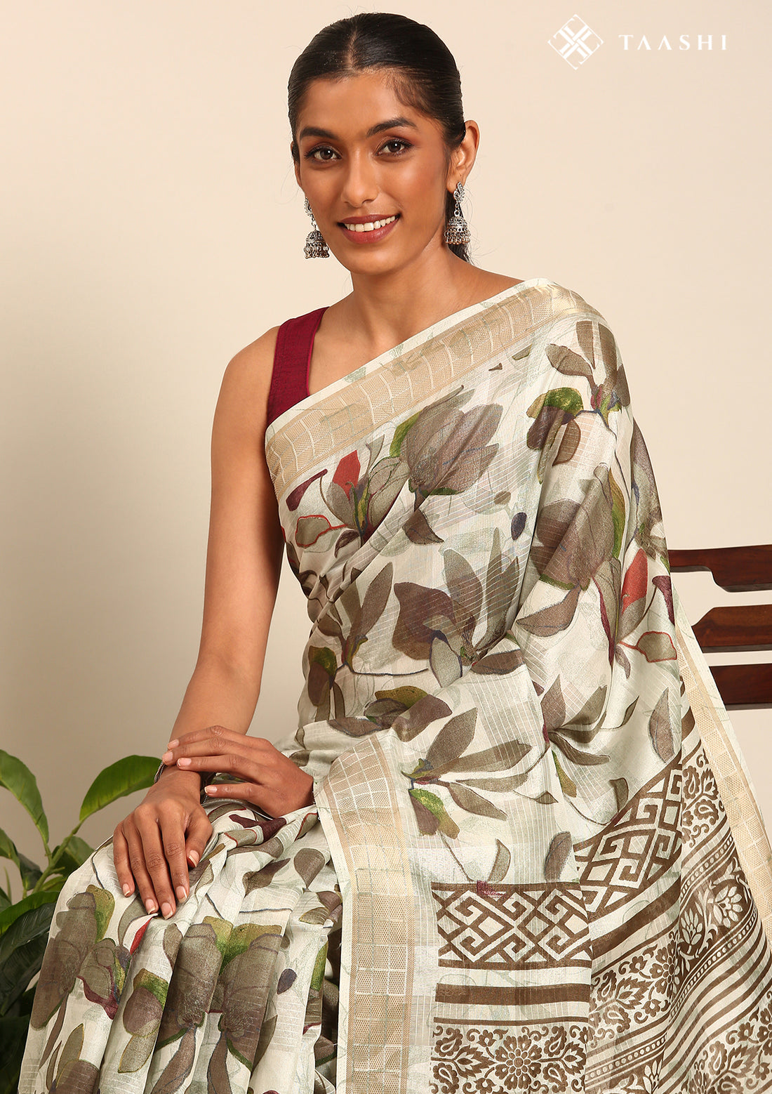 Sage Green Watercolor Floral Printed Tussar Saree