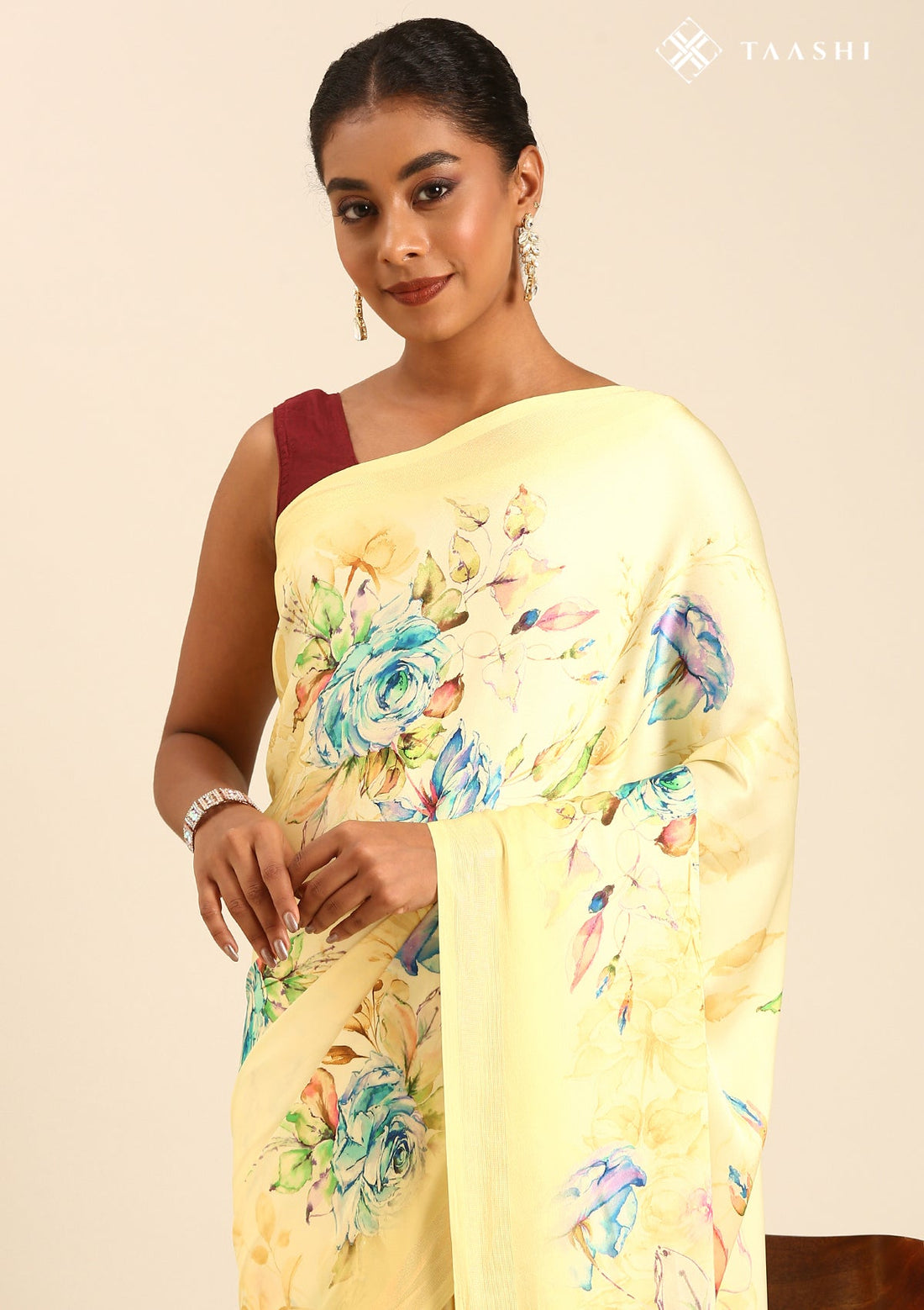 Yellow Satin Contemporary Printed Saree