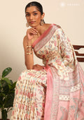 Cream And Dusty Pink Jaal Floral Printed Art Tussar Matka Silk Saree - Taashi