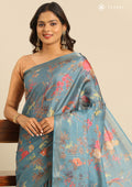 Dusty Blue Floral, Flamingo Printed And Zari Stripes Tussar Saree - Taashi