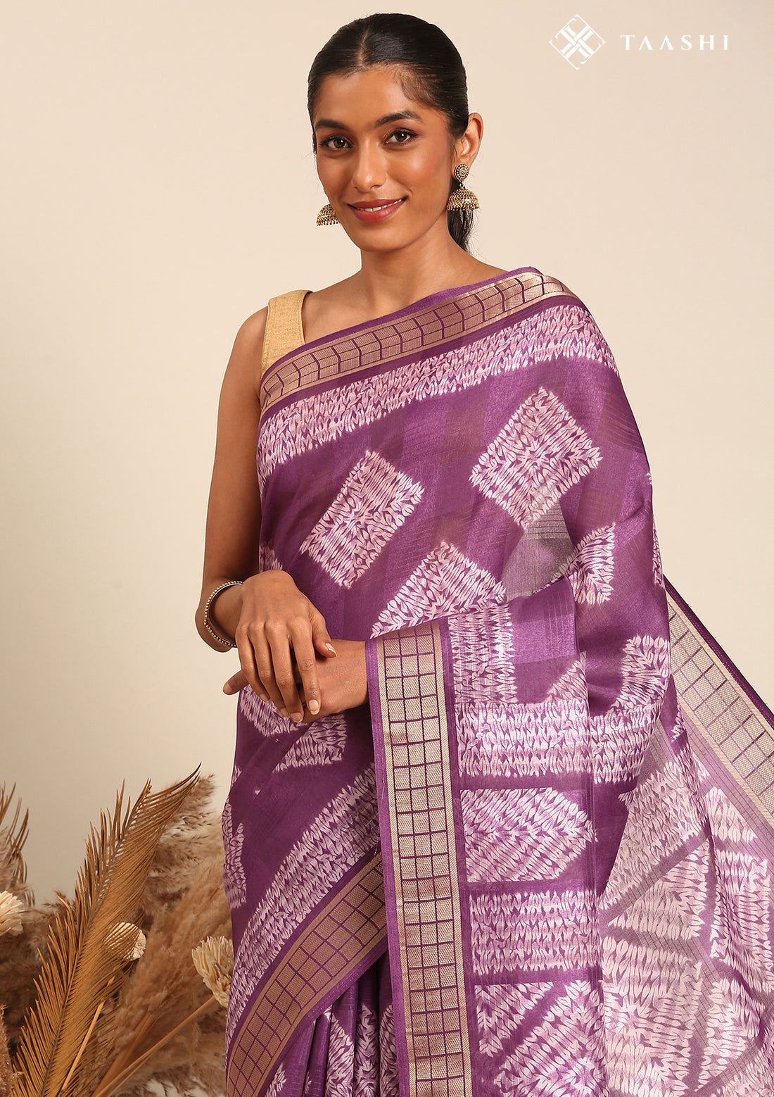 Purple Abstract Printed Tussar Saree